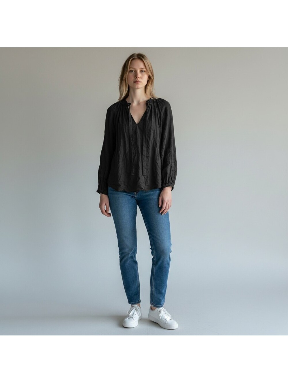 New Antonio Melani Blouse Women XS Black V-Neck Long Sleeve Tasseled Linen